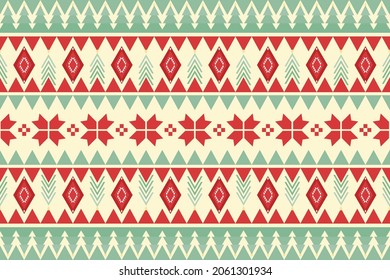 Merry Christmas vintage ethnic seamless pattern decorated with green trees and red flowers. design for background, wallpaper, fabric, carpet, web banner, wrapping paper. embroidery style. vector.