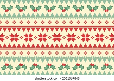 Merry Christmas vintage ethnic seamless pattern decorated with holly cherry and red flowers. design for background, wallpaper, fabric, carpet, web banner, wrapping paper. embroidery style. vector.