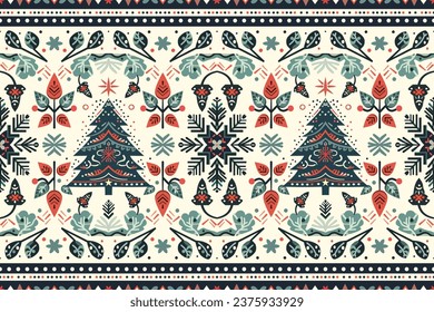 Merry Christmas vintage ethnic seamless pattern decorated with green tree and flowers. design for background, wallpaper, fabric, carpet, web banner, wrapping paper. embroidery style. vector.