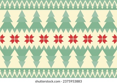 Merry Christmas vintage ethnic seamless pattern decorated with green pine tree and flower. design for background, wallpaper, fabric, carpet, web banner, wrapping paper. embroidery style. vector.