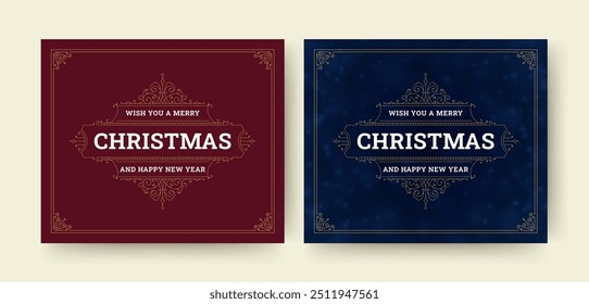 Merry Christmas vintage flourish frame design template for greeting card social media post set vector illustration. New Year Xmas holiday celebrate red blue banner retro royal luxury curved border