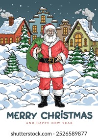 Merry Christmas vintage flyer colorful with Santa Claus standing among snowdrifts near cozy houses and fir trees vector illustration