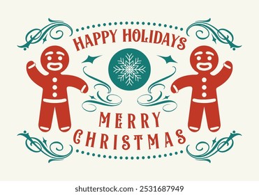 Merry Christmas vintage flyer colorful with traditional gingerbread men shaped for packaging design with holiday treats for children vector illustration