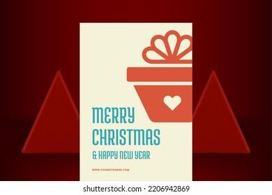 Merry Christmas vintage greeting card decorative ornament red gift box vector illustration. Happy New Year retro congrats holiday invitation design Xmas present surprise pack heart shape with bow
