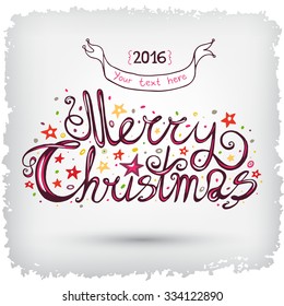 Merry Christmas Vintage Greeting Card. Magic Lettering with stars.