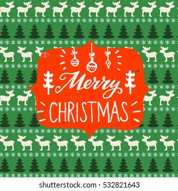Merry Christmas vintage hand lettering on nordic background with moose, fir trees and snowflakes. Hand drawn design great for invitation or greeting cards, holiday posters and flyers.