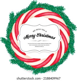 Merry Christmas vintage label with candy cane and green fir branches. Watercolor vector invitations isolated on white background.