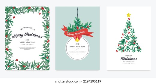 Merry Christmas vintage label with watercolor green fir branches. Watercolor vector invitations isolated on white background