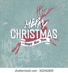 Merry Christmas Vintage Lettering with Christmas red deer silhouette on blue aged background with rays