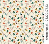 Merry Christmas vintage light bulb decoration seamless pattern illustration. Retro style winter holiday lights texture. Xmas celebration party wallpaper, festive event print.