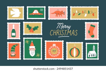 Merry Christmas vintage post card stamp illustration. Retro style winter holiday postage sticker collection, xmas celebration mail postmark, festive postal label.