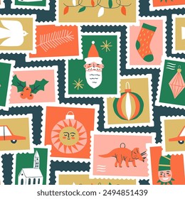 Feliz Navidades vintage tarjeta postal estampado sin fisuras ilustración. Textura de pegatina de franqueo de vacaciones de invierno de estilo retro. Fondo de pantalla de matasellos de correo de celebración de Navidad, impresión de etiqueta postal festiva.