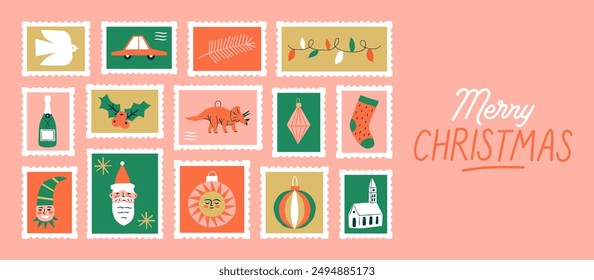 Merry Christmas vintage post card stamp illustration. Retro style winter holiday postage sticker collection, xmas celebration mail postmark, festive postal label.