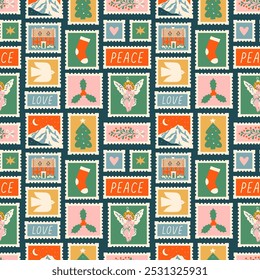 Merry Christmas vintage post card stamp seamless pattern illustration. Retro style winter holiday postage sticker texture. Xmas celebration mail postmark wallpaper, festive postal label print.