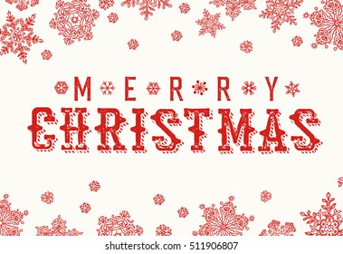 Merry Christmas Vintage Postcard. Snowflake border and xmas typography on white 