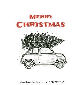 Merry Christmas Vintage Postcard Style. Hand Drawing A Car With A Christmas Tree Vector Illustration