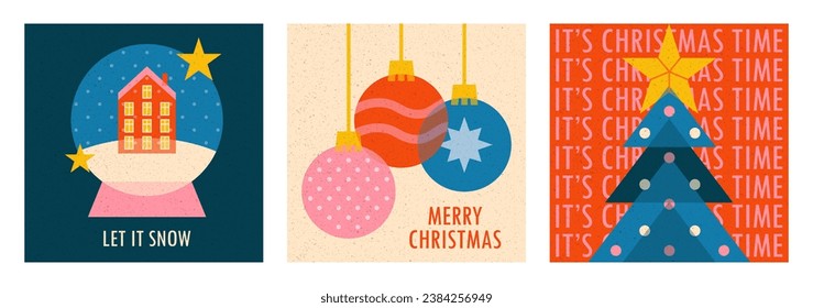 Merry Christmas vintage posters set in risograph style with grain texture. Collection of trendy xmas riso greeting cards with phrases.