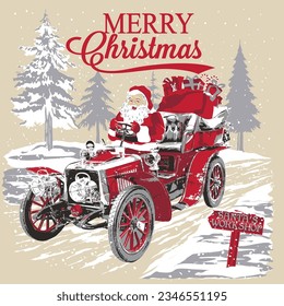 Merry Christmas Vintage red cadillac Santa claus
