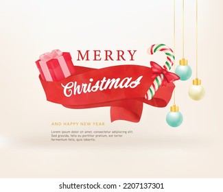 Merry Christmas vintage red ribbon with gift box, candy cane and ball. Watercolor vector invitations isolated on white background