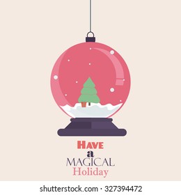 Merry Christmas Vintage Retro Typography Lettering Design Greeting Card on simple background.Flat Christmas Snow Globe. Christmas snow globe with a Christmas tree inside. Isolated Christmas glass ball