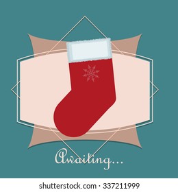 Merry Christmas Vintage Retro Typography Lettering Design Greeting Card on simple background.Happy New Year Happy Holidays Template. Card with Christmas  sock
