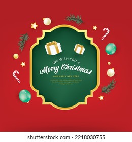 Merry Christmas vintage sign banner frame with gift box and decoration on red background. Invitation greeting holiday.