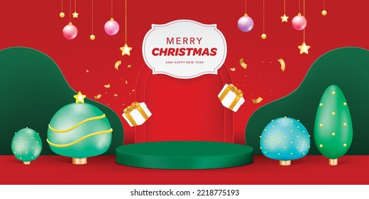 Merry Christmas vintage sign banner frame with gift box and decoration on red background. Invitation greeting holiday.