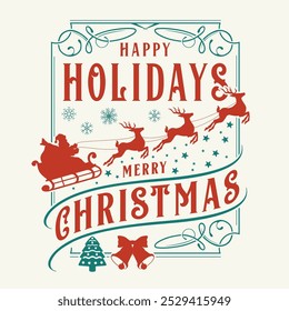 Merry Christmas vintage sticker colorful silhouette Santa Claus driving sleigh with team of reindeer and bell near gingerbread vector illustration