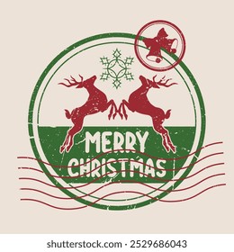 Merry Christmas vintage sticker colorful with two reindeer from Santa cart and snowflake to decorate postal products vector illustration