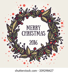 Merry Christmas vintage style retro invitation. Greeting card with hand-drawn floral wreath