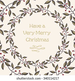 Merry Christmas vintage style retro invitation. Greeting card with hand-drawn floral wreath