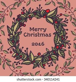 Merry Christmas vintage style retro invitation. Greeting card with hand-drawn floral wreath