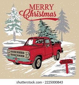 Merry Christmas Vintage truck tree delivery