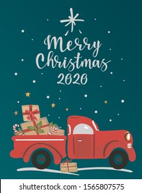 Merry Christmas. Vintage vector illustration Christmas red truck with a Christmas presents