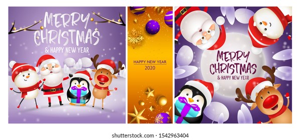 Merry Christmas violet, orange banner set with animals, Santa. New Year, Christmas, winter. Calligraphy with decorative design can be used for invitations, post cards, announcements