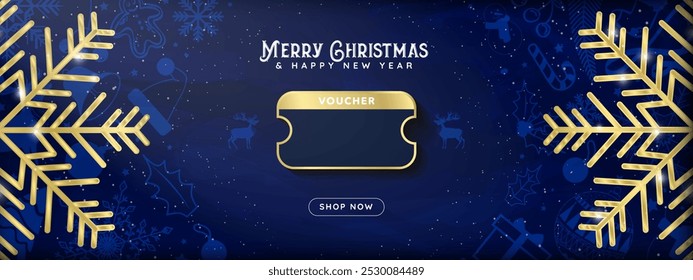 Merry Christmas Voucher Giveaway design template with shop now button for ecommerce or online promos. Blank coupon layout for christmas sale season. Golden snowflakes as frame. Editable Vector.