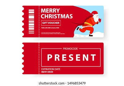 Merry Christmas voucher with Santa Claus with big red bag gift in cartoon style.  New year.  Vector ticket or the coupon is on the receipt of gifts with Lettering and barcode.