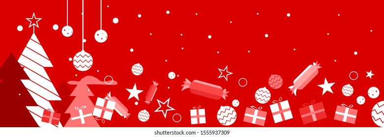 Merry christmas wallpaper backdrop illustration design for greeting card, background and banner template. Vector with gift box, spruce, winter season and snowfall shape.