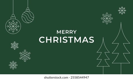 Merry Christmas Wallpaper Background Poster Graphic Vector. Christmas Pine Tree,  Tree, Snowflake, Snow, Hanging Bauble, Christmas Ball. Editable Line Art Stroke