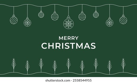 Merry Christmas Wallpaper Background Poster Graphic Vector. Christmas Pine Tree,  Tree, Snowflake, Snow, Hanging Bauble, Christmas Ball. Editable Line Art Stroke