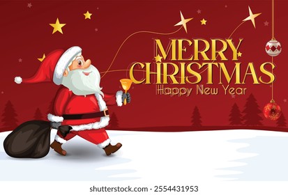 Merry Christmas wallpaper, featuring a beautifully designed frame adorned with a shimmering star and a vibrant red ball, Vector holiday objects layout on red background. Red background vector image