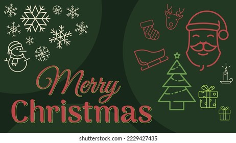 Merry christmas wallpaper greeting card with text and icon. Santa tree gift socks deer snow flake and snowman vector icons.
