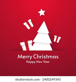 Merry Christmas wallpaper. Greeting card with paper cut Christmas tree. Vector Illustration.