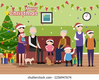 Merry Christmas with a warm family and beautiful christmas decoration Illustration. Big Family