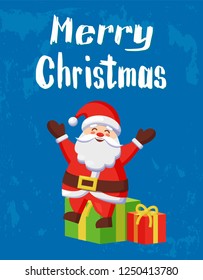 Merry Christmas warm wishes card, Santa and gift boxes. Vector cartoon fairy tale hero sitting on heap of gifts and spreading hands sending greetings