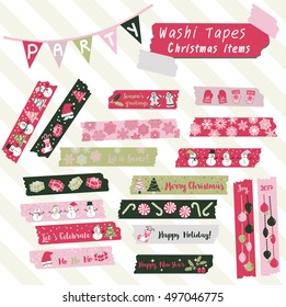 Merry Christmas washi tape scrapbook items with snowman, Christmas tree, snowflake, gift, candy,  in pink, green, and gray colors.