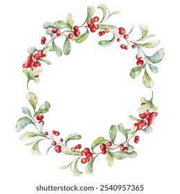 Merry Christmas watercolor with berries wreath. Bouquet of holly leaves watercolor hand-painted. Suitable for Christmas card design, New Year invitations.