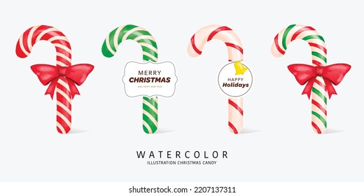 Merry Christmas watercolor with Candy cane. Watercolor vector illustration.