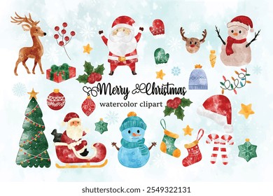 Merry Christmas Watercolor Clipart Set, Xmas Elements, Winter Holidays Bundle, Vibrant Christmas Clipart Collection