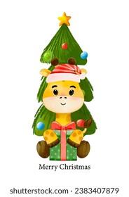 Merry Christmas with watercolor cute giraffe holding gift box and Christmas tree vector